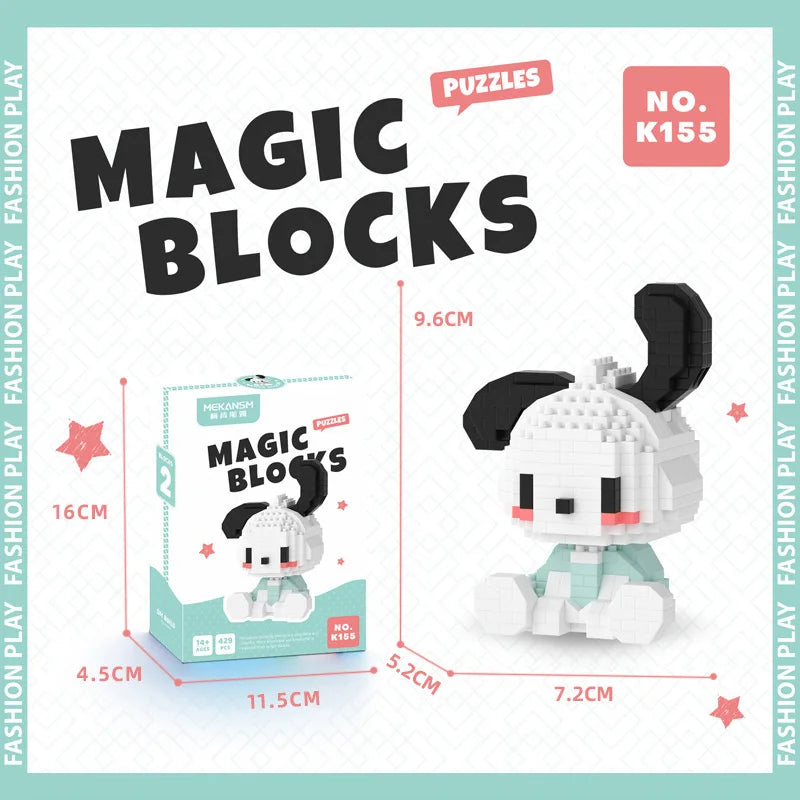 Sanrio Hello Kitty Micro Building Block Set - Pochacco, Cinnamoroll, Kuromi, and My Melody 3D Model Figures