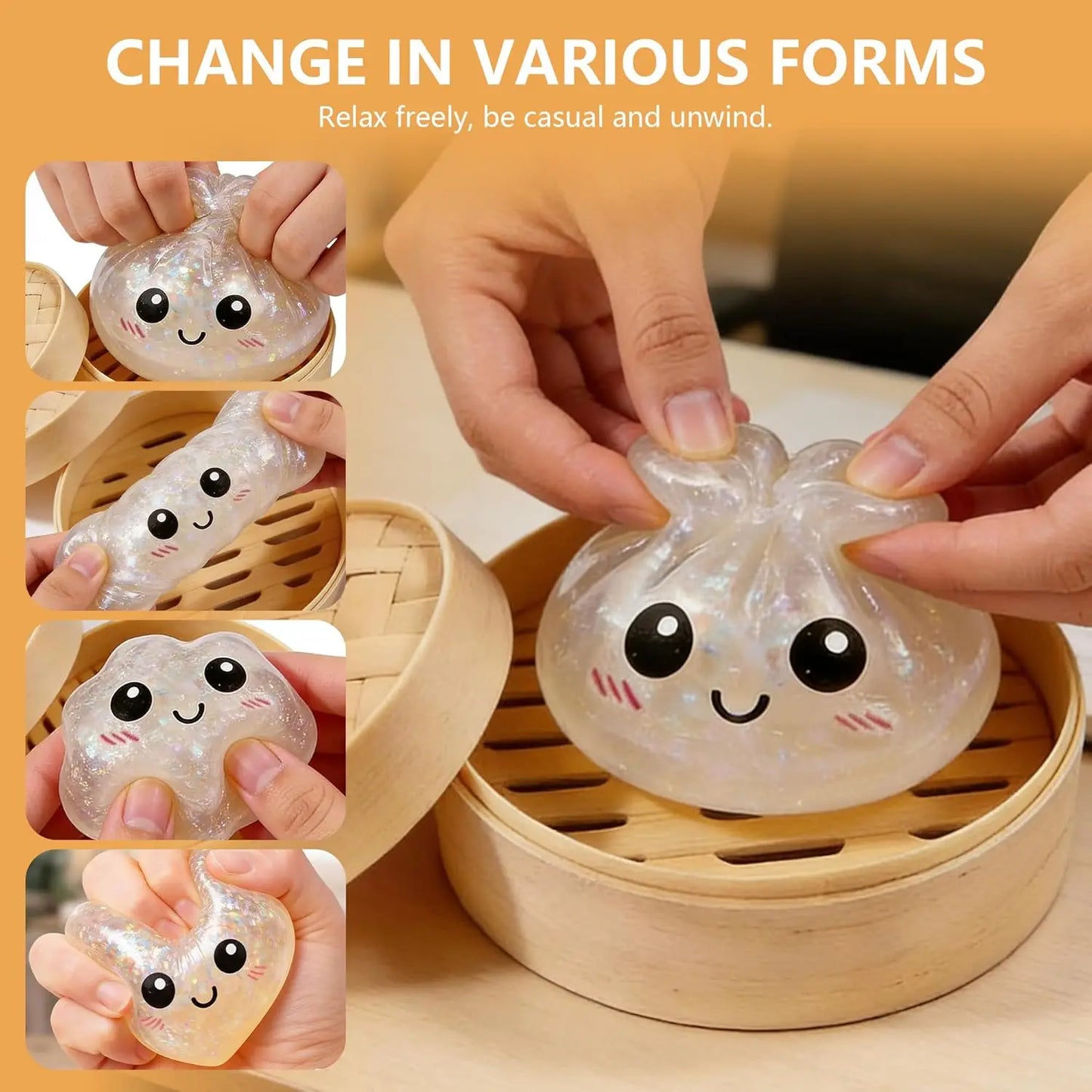 2026 Glitter Dumpling Squishy in Steamer Box - Soft Sensory Fidget Tool for Stress and Anxiety Relief, Ideal for Home, Office, and Parties