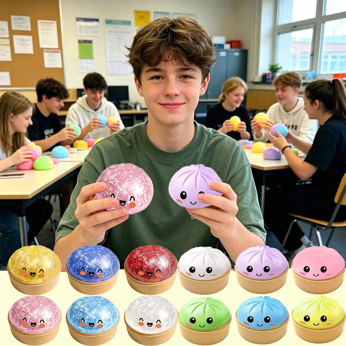 2026 Glitter Dumpling Squishy in Steamer Box - Soft Sensory Fidget Tool for Stress and Anxiety Relief, Ideal for Home, Office, and Parties